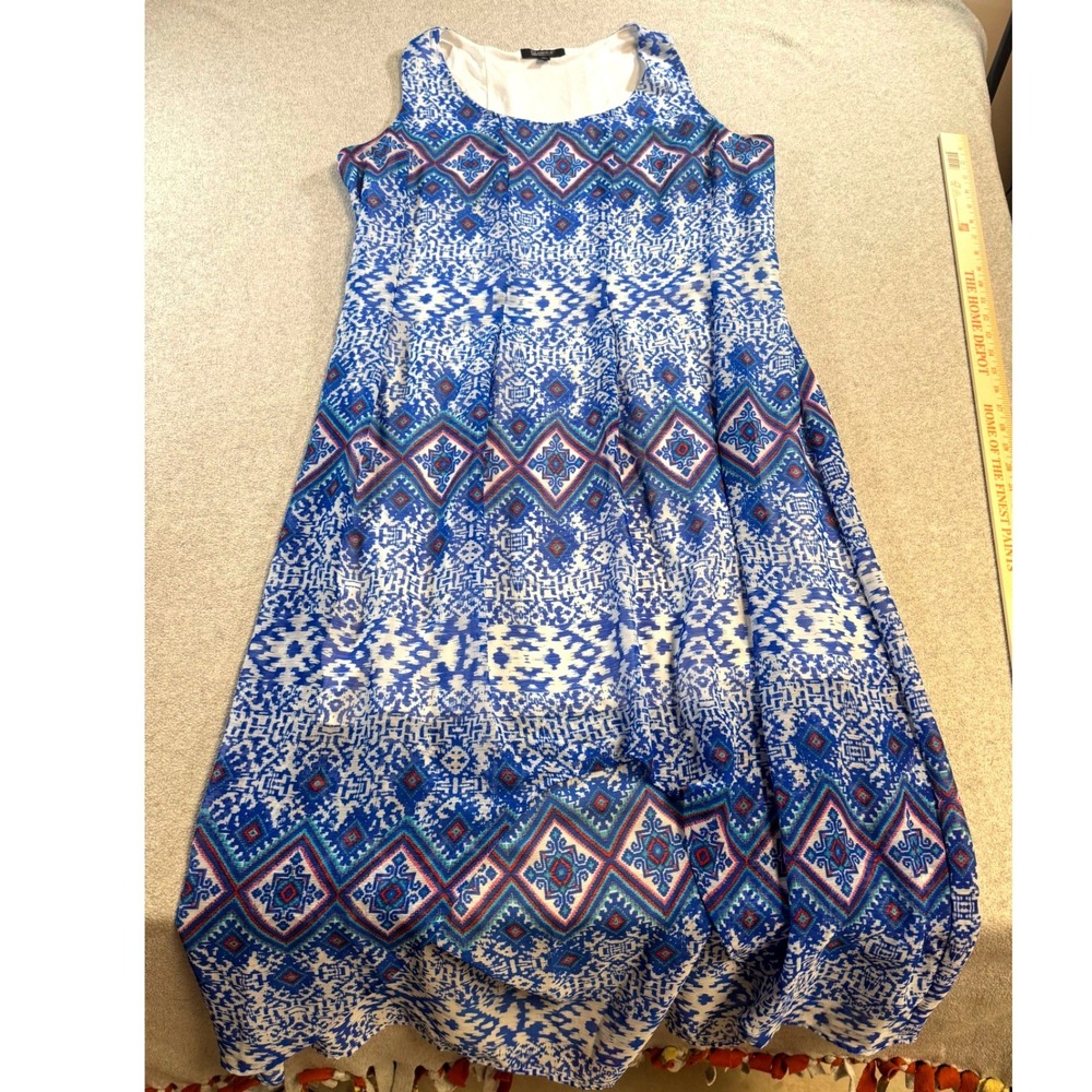 Glamour Maxi Dress Womens 16W Blue White Geometric Boho Sleeveless Excellent‎
